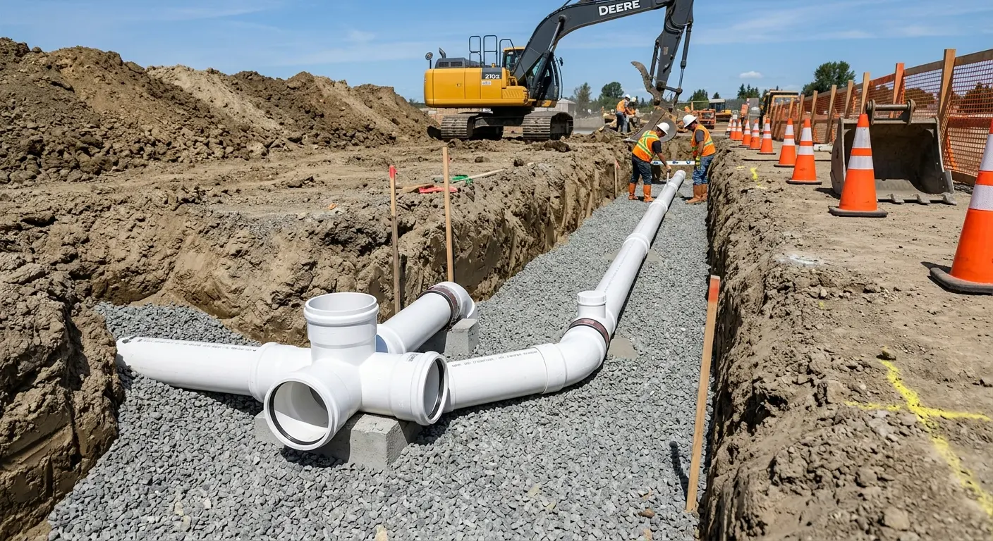 New PVC sewer pipe installation in open trench for Sewer Backup in Bradenton