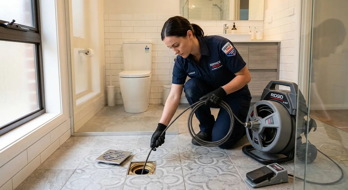 Technician clearing a bathroom floor drain for Drain Cleaning in Bradenton